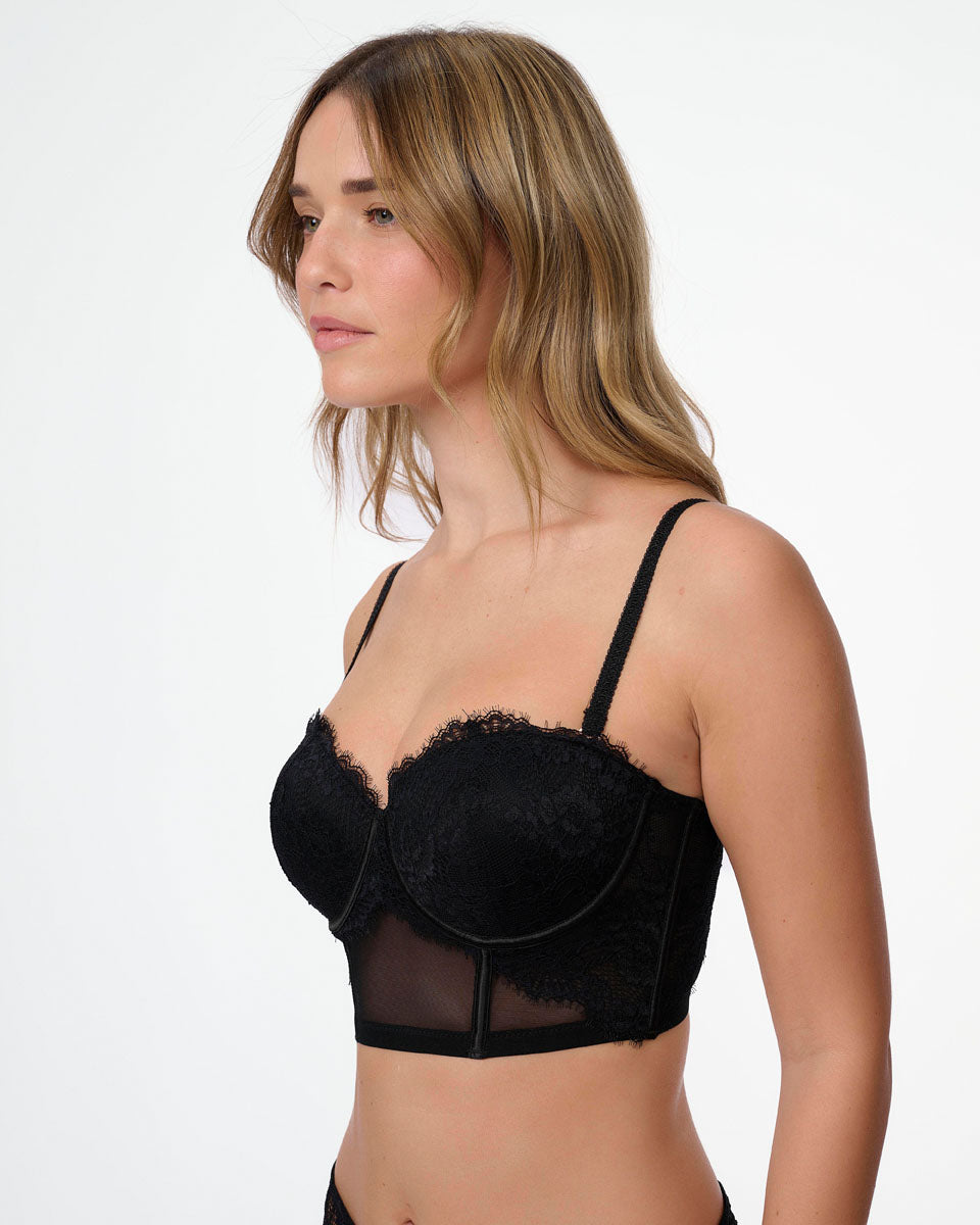 מחוך סטרפלס תחרה מרופד עם ברזלים - BLACK