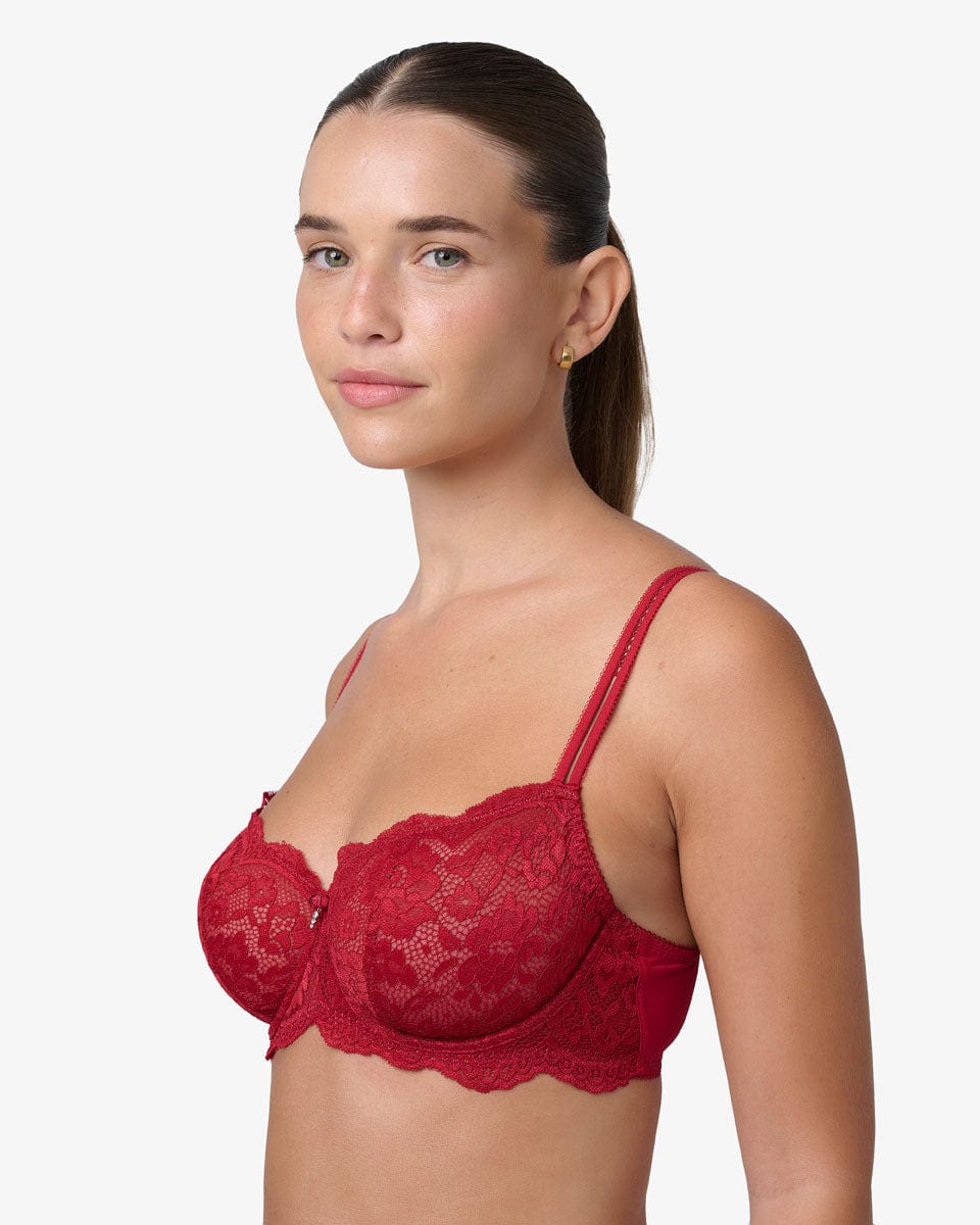 חזיית LUCIA ללא ריפוד בגזרת בלקונט פתוחה מתחרת פרחים עשירה - RUBY RED – תמונה 2