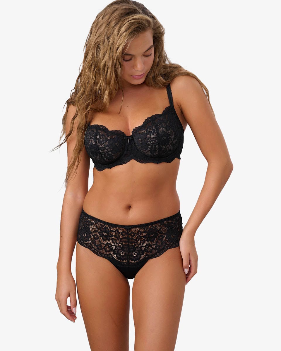 חזיית LUCIA ללא ריפוד בגזרת בלקונט פתוחה מתחרת פרחים עשירה - BLACK – תמונה 4