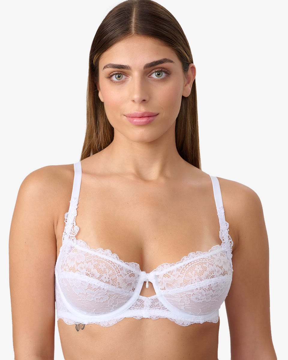 חזייה ללא ריפוד עם ברזלים מתחרת פרחים מעודנת - WHITE – תמונה 1