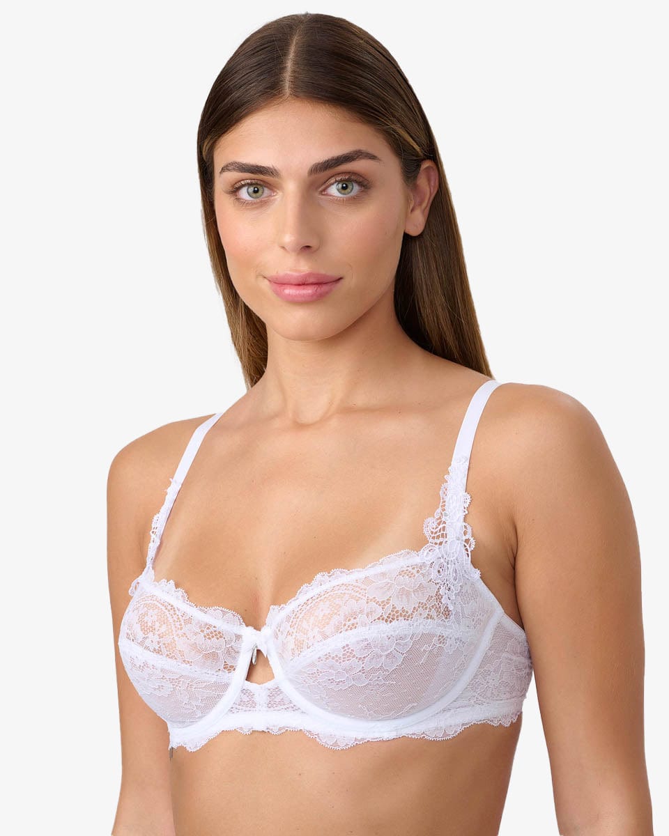 חזייה ללא ריפוד עם ברזלים מתחרת פרחים מעודנת - WHITE – תמונה 2