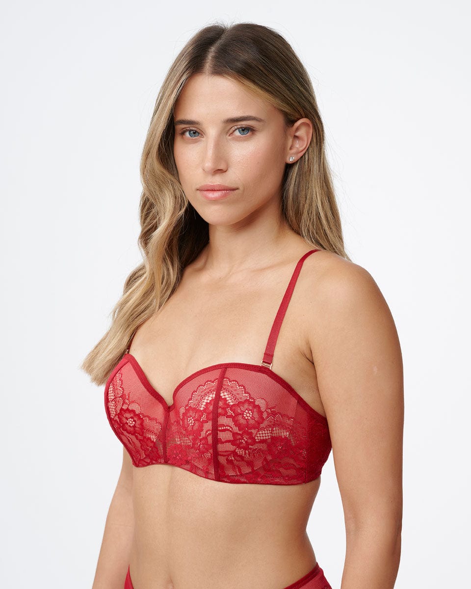 חזיית סטרפלס פוש אפ עם ברזלים בשילוב תחרה - RUBY RED – תמונה 2