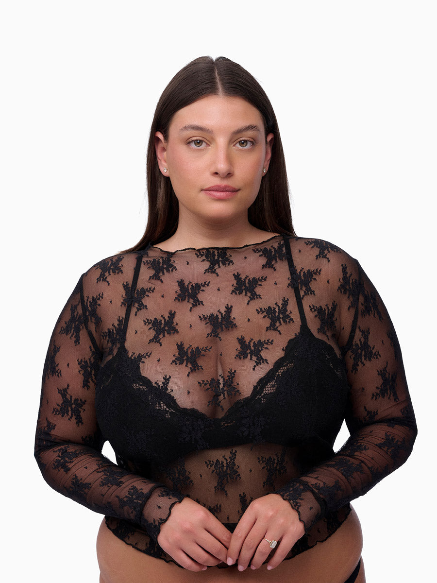 חולצת תחרה שקופה שרוול ארוך - BLACK