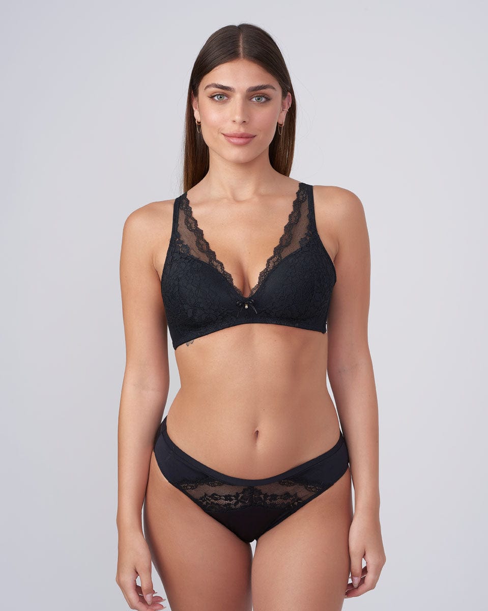 תחתון ביקיני משולב בתחרת פרחים עדינה - BLACK – תמונה 4