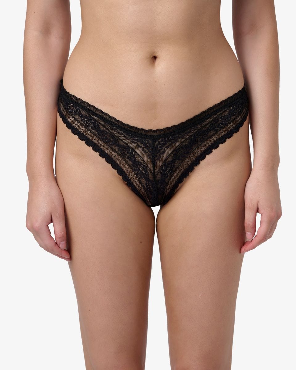 תחתון ברזילאי מתחרת פרחים ועלים עדינה - BLACK – תמונה 1