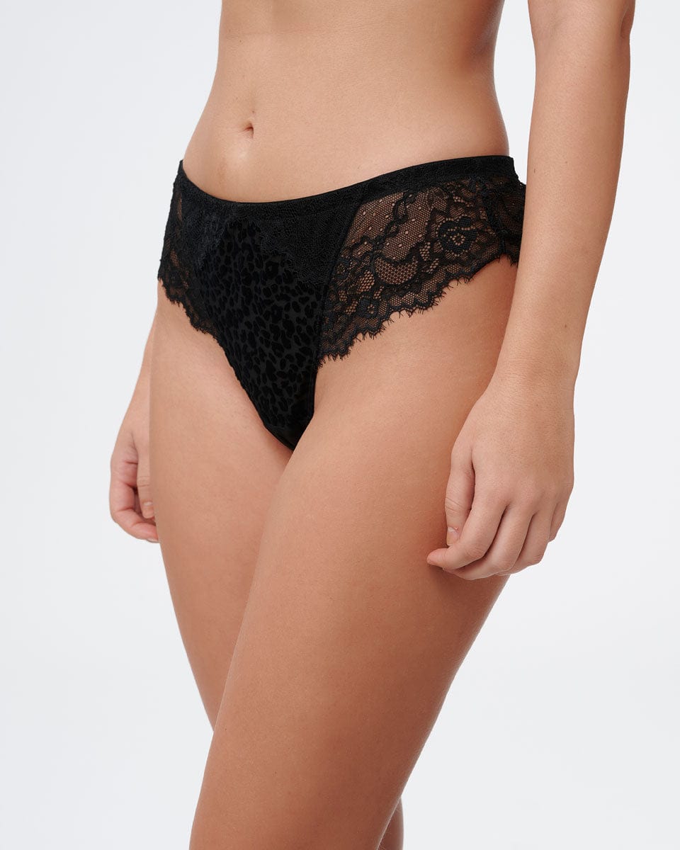 תחתון בגזרת חוטיני מבד קטיפה מנומר ותחרה - BLACK – תמונה 2