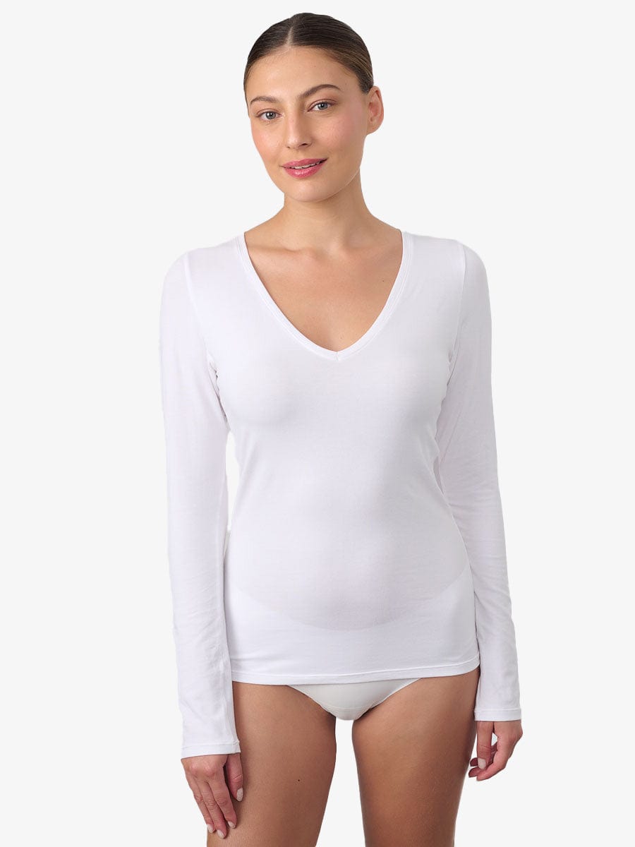 טי שירט בייסיק שרוול ארוך מחשוף V - WHITE – תמונה 1