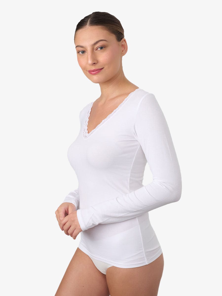 טי שירט שרוול ארוך מחשוף V בשילוב תחרה - WHITE – תמונה 2
