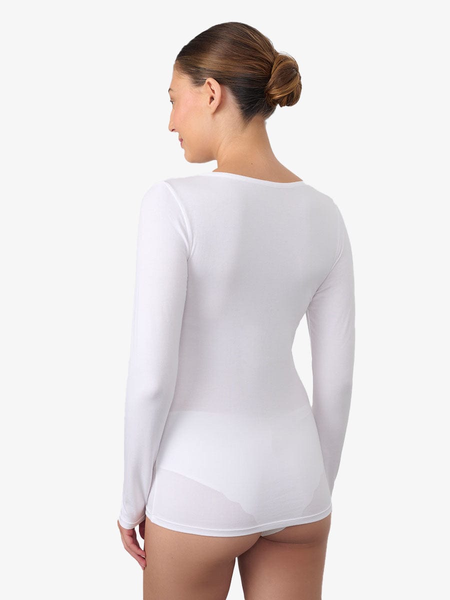 טי שירט שרוול ארוך מחשוף V בשילוב תחרה - WHITE – תמונה 3