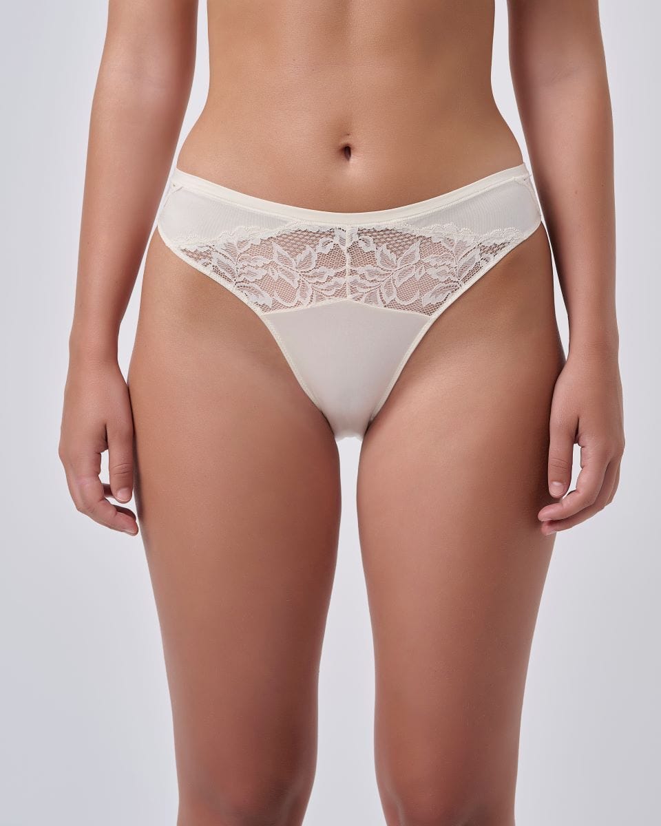 תחתון ביקיני מיקרו הי לג משולב תחרה - IVORY – תמונה 1