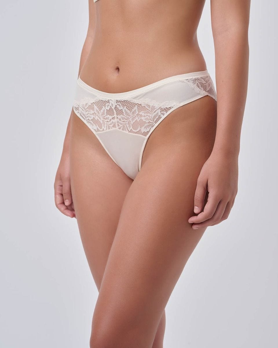 תחתון ביקיני מיקרו הי לג משולב תחרה - IVORY – תמונה 2