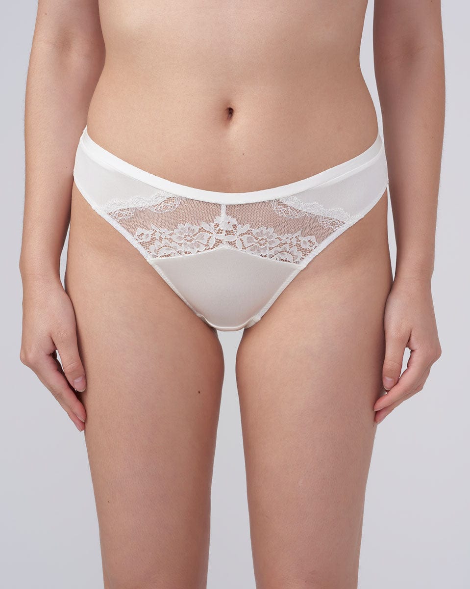 תחתון ביקיני משולב בתחרת פרחים עדינה - IVORY – תמונה 1