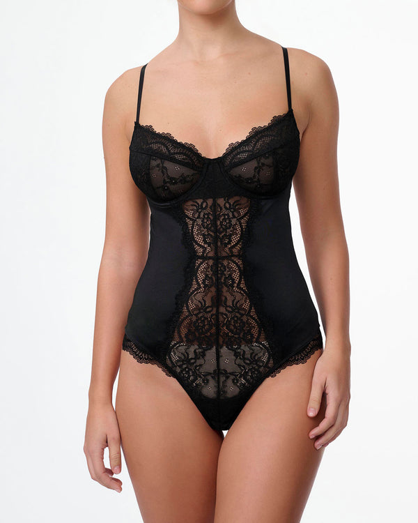 בגד גוף תחרה ומיקרופייבר חוטיני עם ברזלים - BLACK