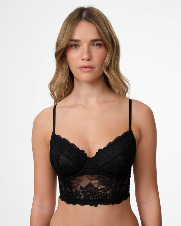 מחוך תחרה עם ברזלים ללא ריפוד במראה חזייה - BLACK