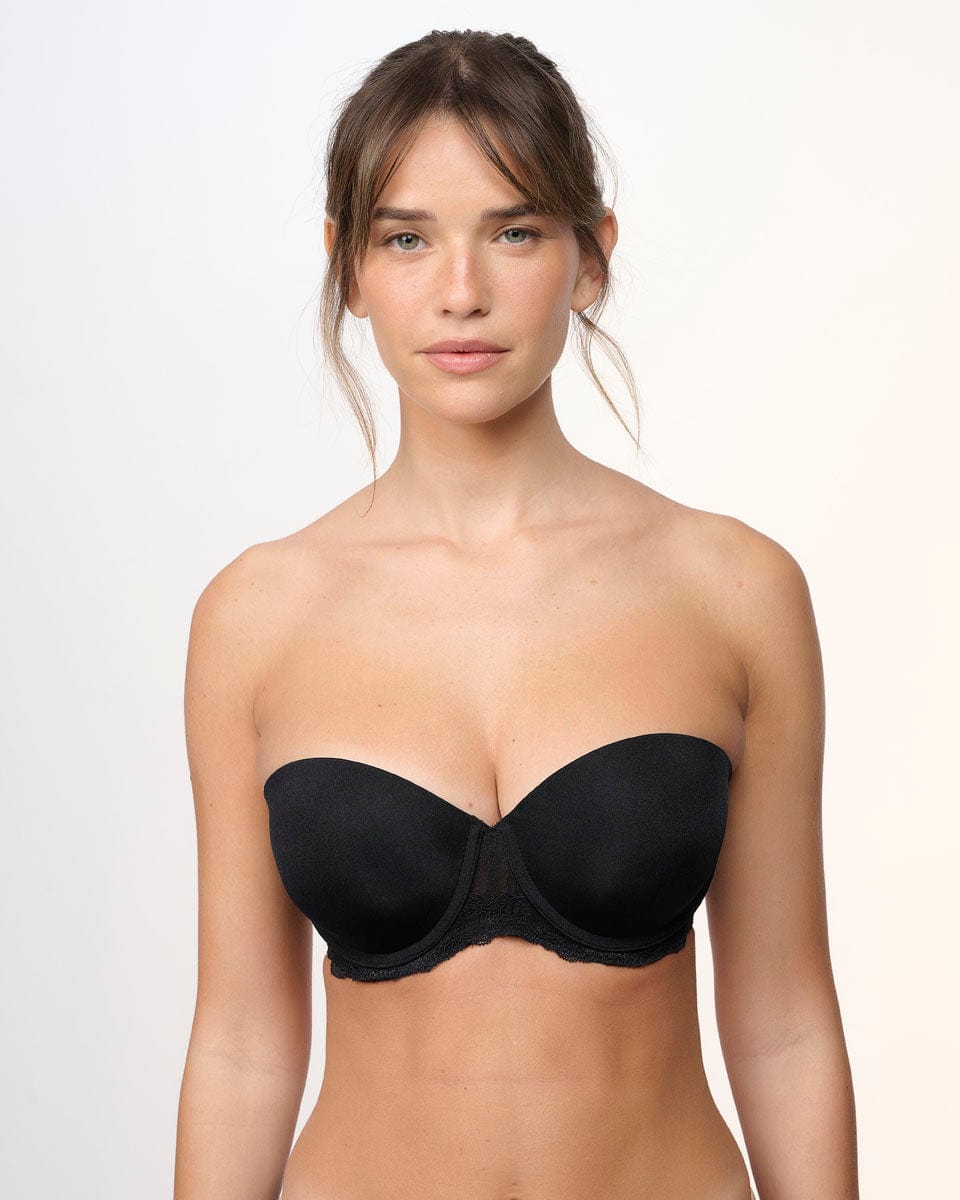 חזיית סטרפלס פוש אפ עם ברזלים בשילוב תחרה - BLACK – תמונה 1