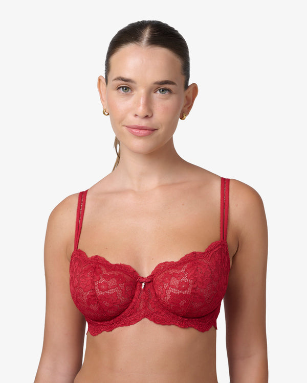 חזיית LUCIA  ללא ריפוד בגזרת בלקונט פתוחה מתחרת פרחים עשירה - RUBY RED – תמונה 1