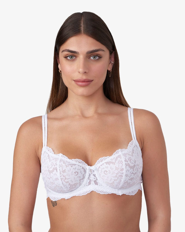 חזיית LUCIA  ללא ריפוד בגזרת בלקונט פתוחה מתחרת פרחים עשירה - WHITE – תמונה 1