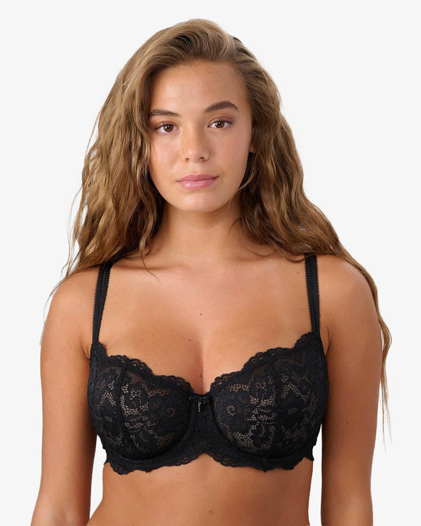 חזיית LUCIA  ללא ריפוד בגזרת בלקונט פתוחה מתחרת פרחים עשירה - BLACK – תמונה 1