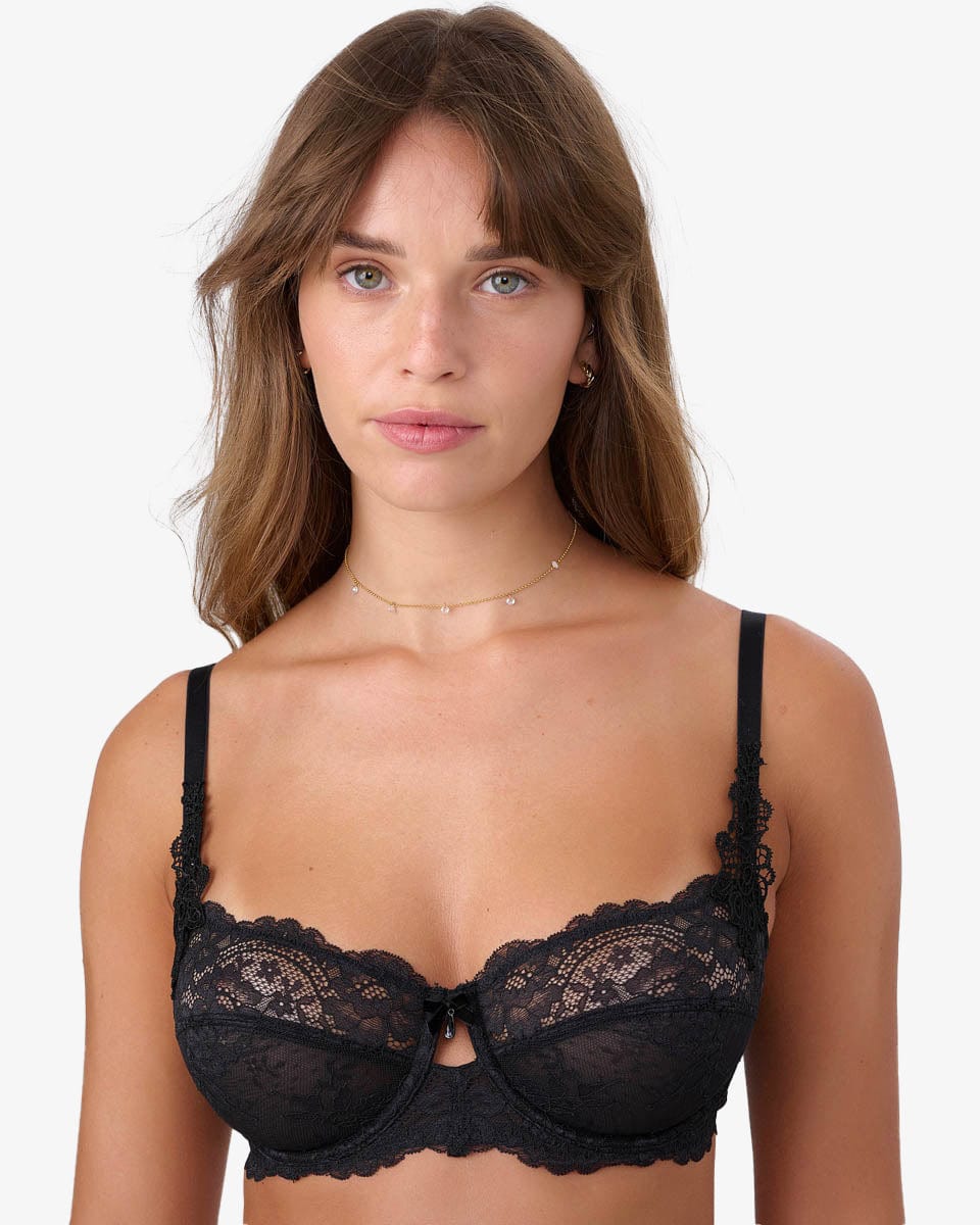 חזייה ללא ריפוד עם ברזלים מתחרת פרחים מעודנת - BLACK – תמונה 1