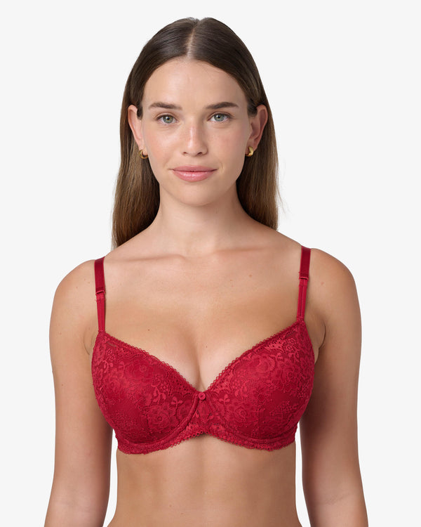 חזייה מרופדת עם ברזלים מתחרת פרחים בוהקת - RUBY RED – תמונה 1