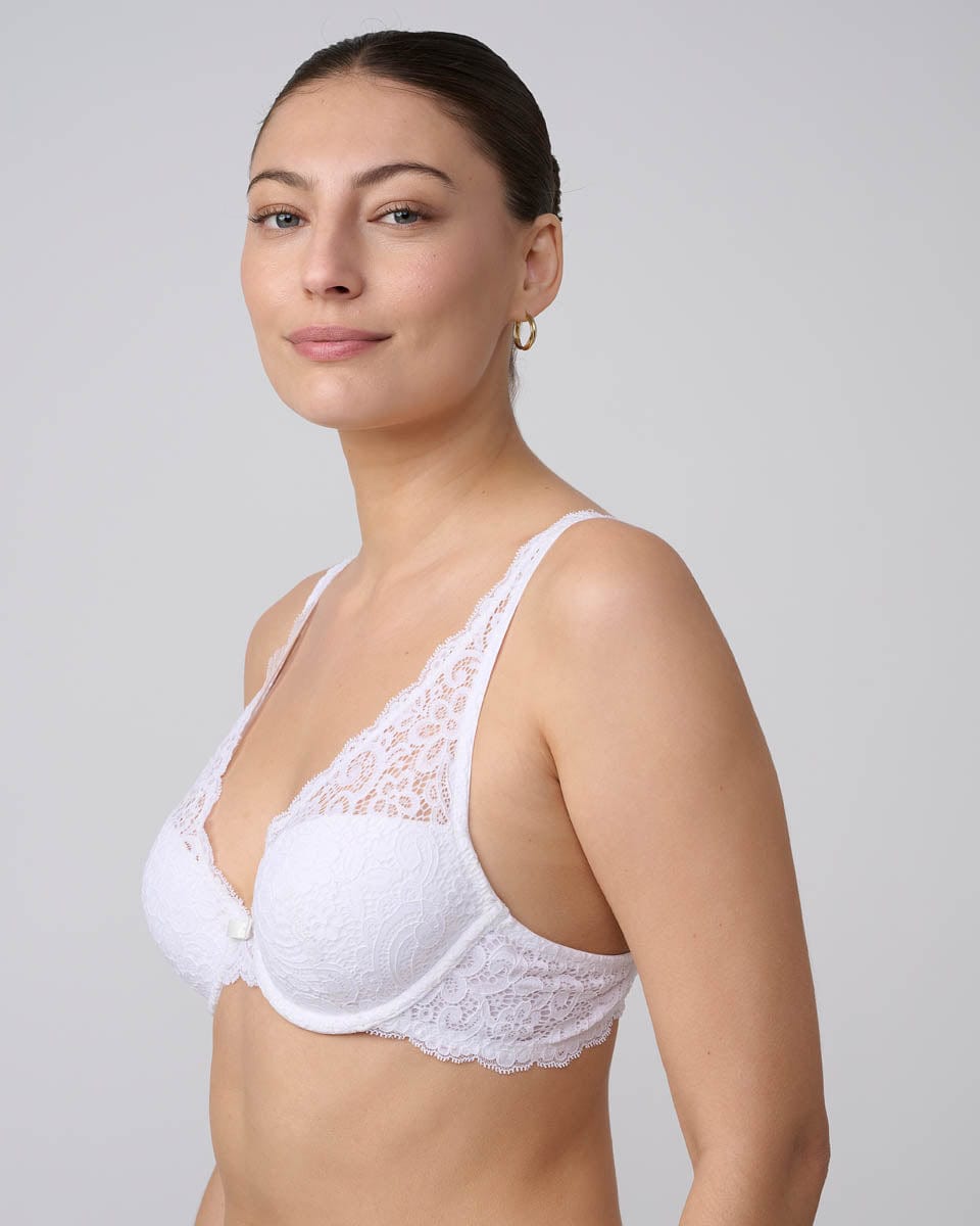 חזייה מרופדת מחשוף וי בשילוב תחרה עשירה - WHITE – תמונה 5