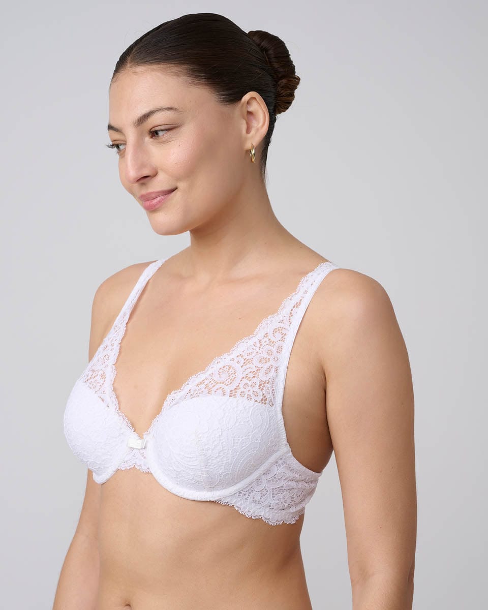 חזייה מרופדת מחשוף וי בשילוב תחרה עשירה - WHITE – תמונה 2