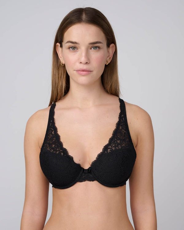 חזייה מרופדת מחשוף וי בשילוב תחרה עשירה - BLACK – תמונה 1