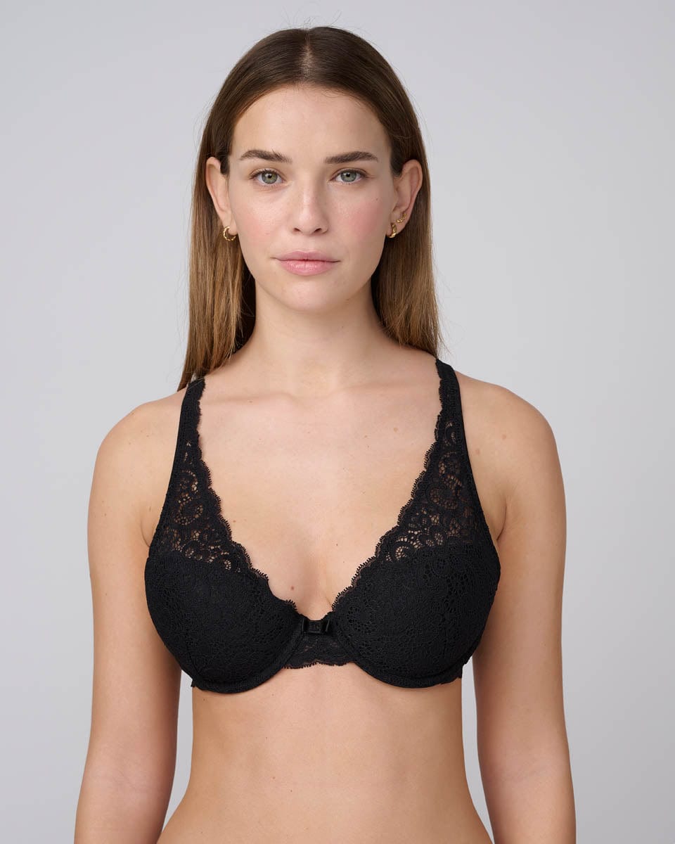 חזייה מרופדת מחשוף וי בשילוב תחרה עשירה - BLACK – תמונה 1
