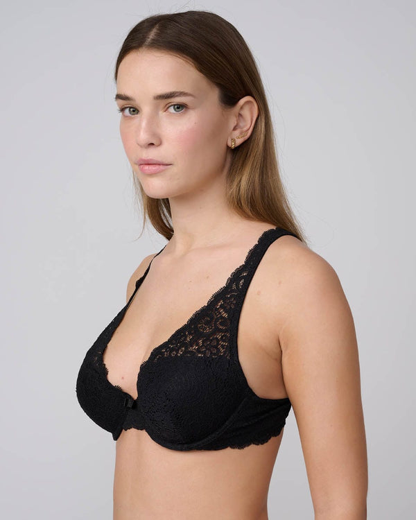 חזייה מרופדת מחשוף וי בשילוב תחרה עשירה - BLACK – תמונה 2
