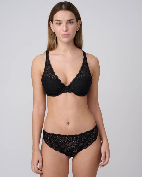 חזייה מרופדת מחשוף וי בשילוב תחרה עשירה - BLACK – תמונה 4