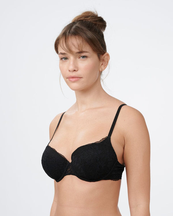 חזייה מרופדת עם ברזלים בשילוב תחרה פרחונית  רומנטית - BLACK – תמונה 2