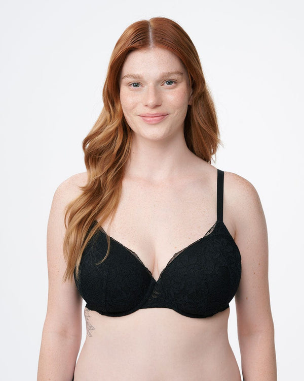 חזייה מרופדת עם ברזלים בשילוב תחרה פרחונית  רומנטית - BLACK – תמונה 5