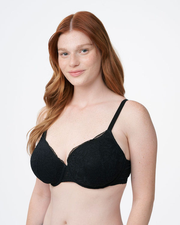 חזייה מרופדת עם ברזלים בשילוב תחרה פרחונית  רומנטית - BLACK – תמונה 6