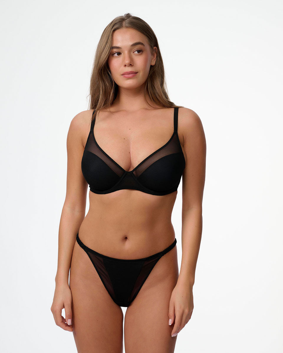 חזייה  מנומרת מרופדת עם ברזלים ומפתח עמוק - BLACK