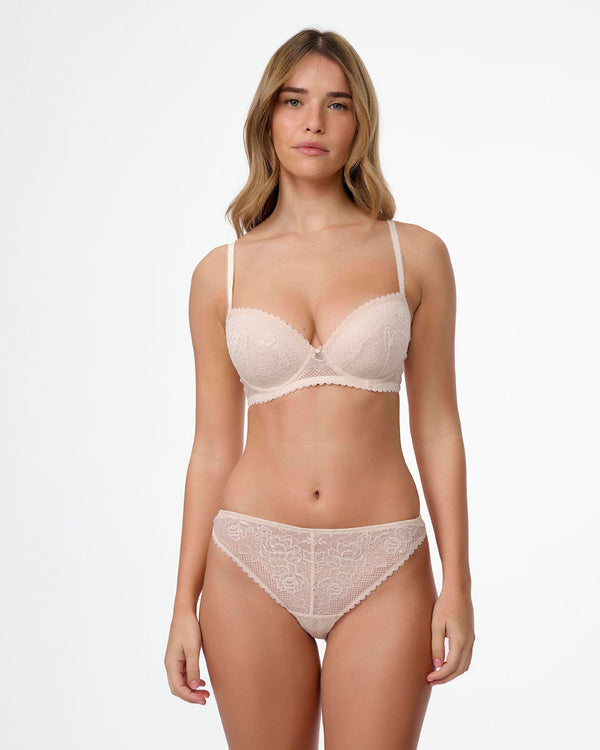 חזייה מרופדת עם ברזלים מתחרה  רשת ופרחים - OATMEAL