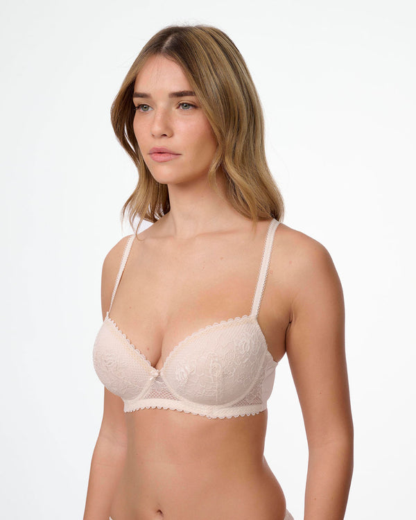 חזייה מרופדת עם ברזלים מתחרה  רשת ופרחים - OATMEAL