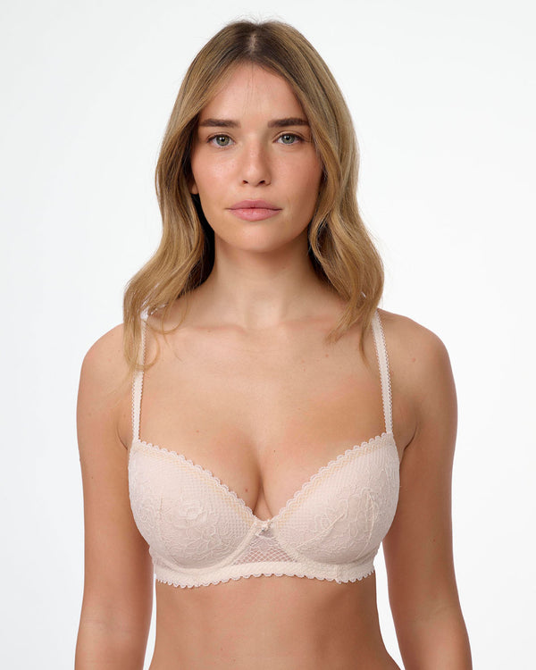 חזייה מרופדת עם ברזלים מתחרה  רשת ופרחים - OATMEAL