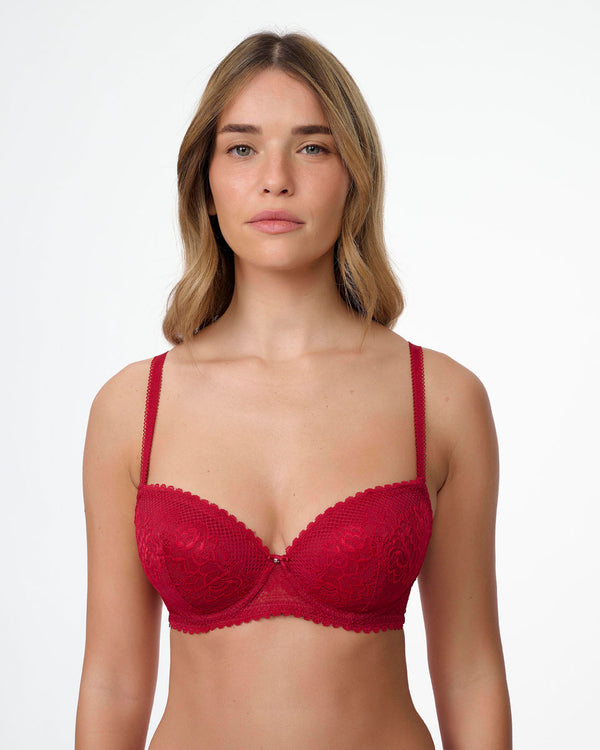 חזייה מרופדת עם ברזלים מתחרה  רשת ופרחים - RUBY RED