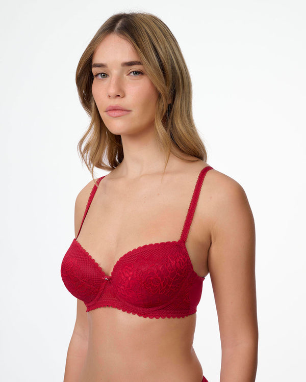 חזייה מרופדת עם ברזלים מתחרה  רשת ופרחים - RUBY RED