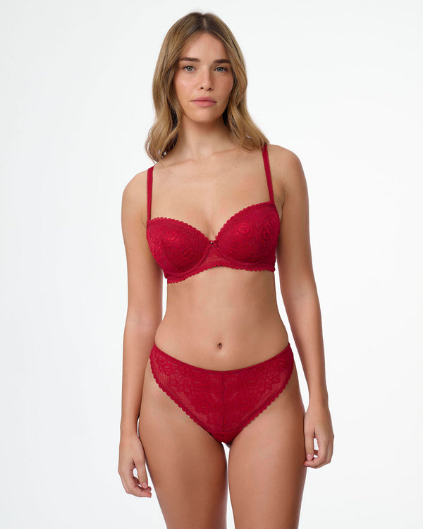 חזייה מרופדת עם ברזלים מתחרה  רשת ופרחים - RUBY RED