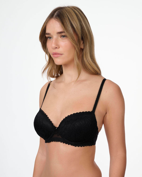 חזייה מרופדת עם ברזלים מתחרה  רשת ופרחים - BLACK