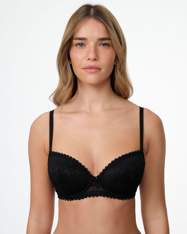 חזייה מרופדת עם ברזלים מתחרה  רשת ופרחים - BLACK