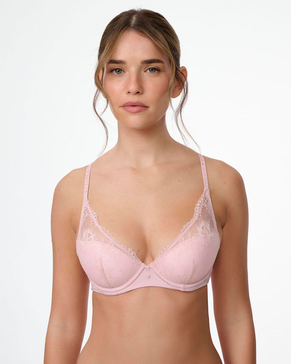 חזייה מרופדת עם ברזלים מתחרה בשילוב סטן מבריק - DEEP BLUSH