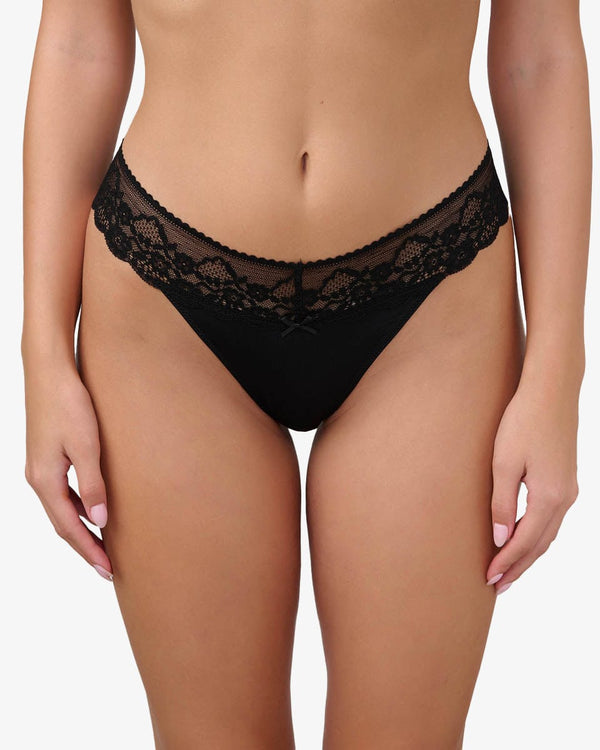 תחתון מיקרופייבר חוטיני בשילוב תחרה - BLACK – תמונה 1