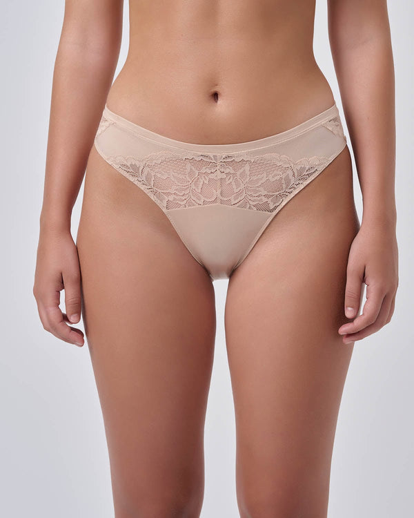 תחתון ביקיני מיקרו הי לג משולב תחרה - NUDE – תמונה 1