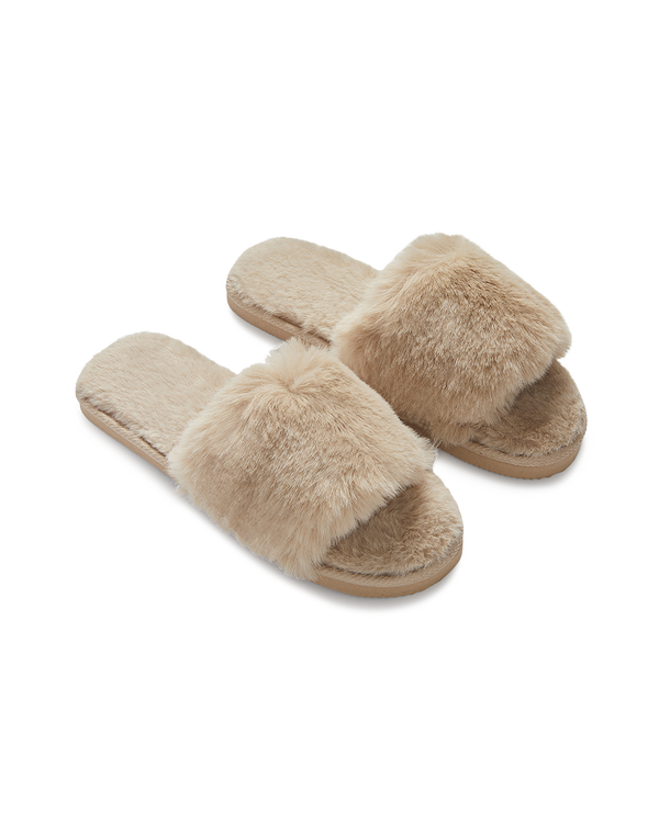 נעל בית פתוחה מאחור שילוב פרווה - LIGHT CAMEL