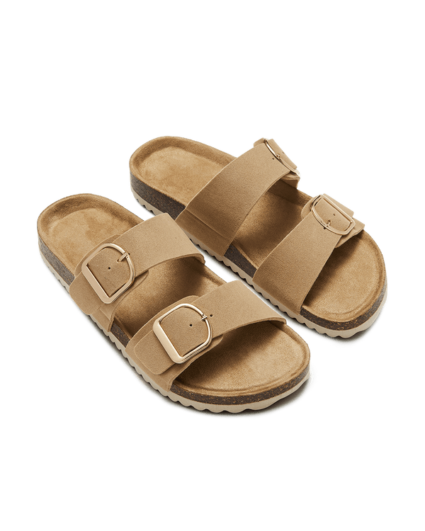 נעל בית מבד דמוי זמש עם אבזמי זהב מט - BEIGE – תמונה 2