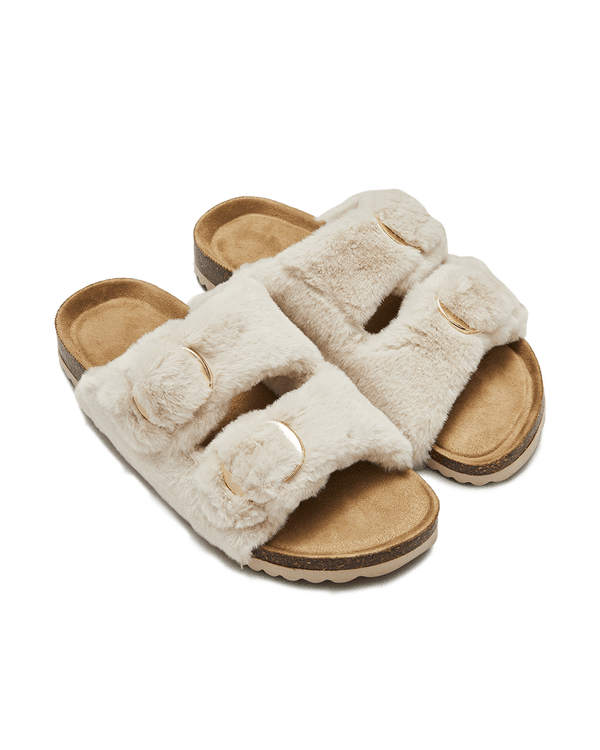 נעל בית פרווה מרצועות עבות עם אבזמי זהב מט - OATMEAL – תמונה 2