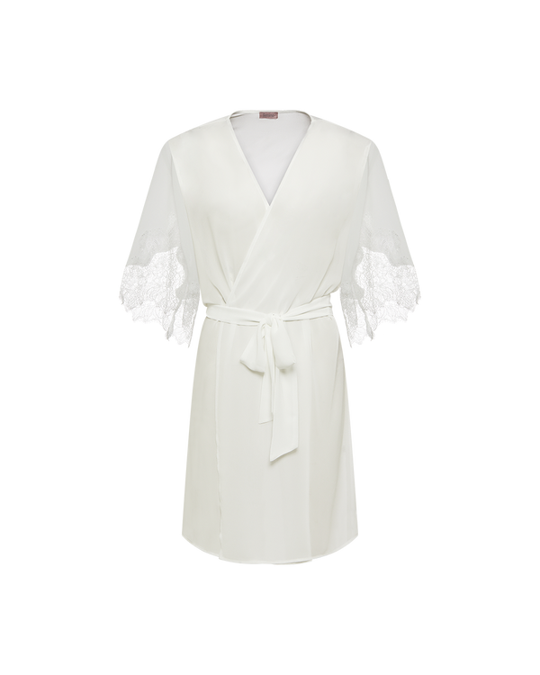 חלוק שיפון שרוול קצר משולב תחרה עשירה - IVORY