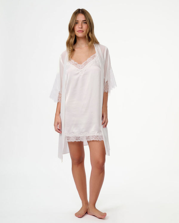 חלוק שיפון שרוול קצר משולב תחרה עשירה - IVORY